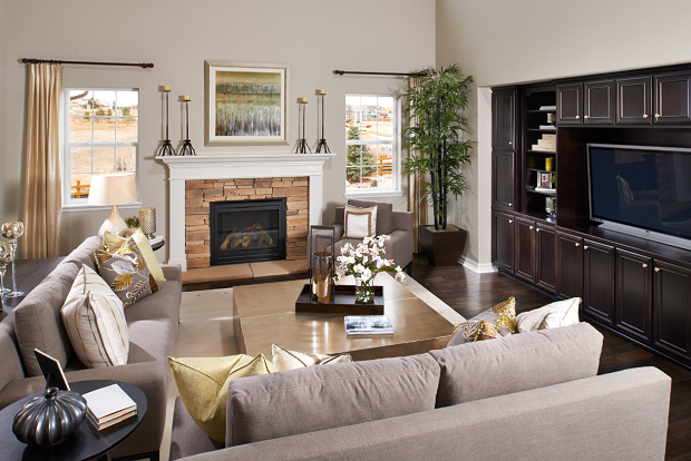 Great room staged with sofas and coffee table