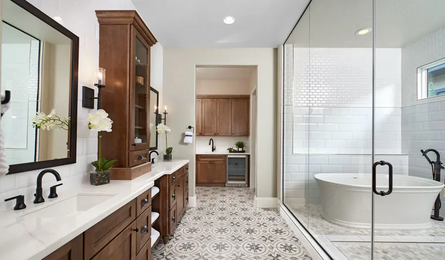 Interior shot of a beautiful new primary bathroom