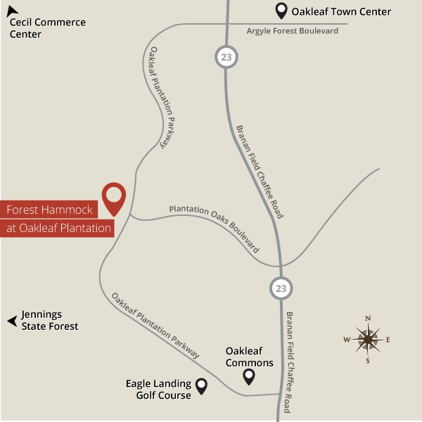 Map showing Forest Hammock at Oakleaf Plantation and surrounding area