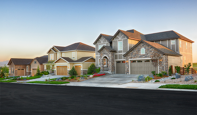 Streetscape of ranch and two-story homes