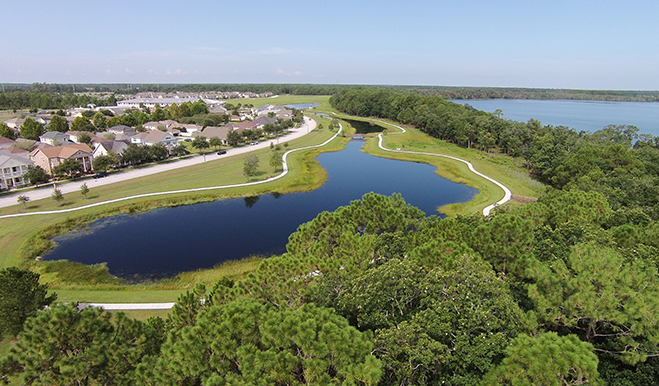 Aerial view of Harmony, located by a lake