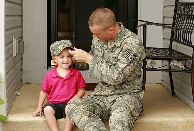 Military family on porch