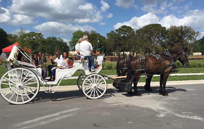 People enjoying horse-drawn carriage rides around community