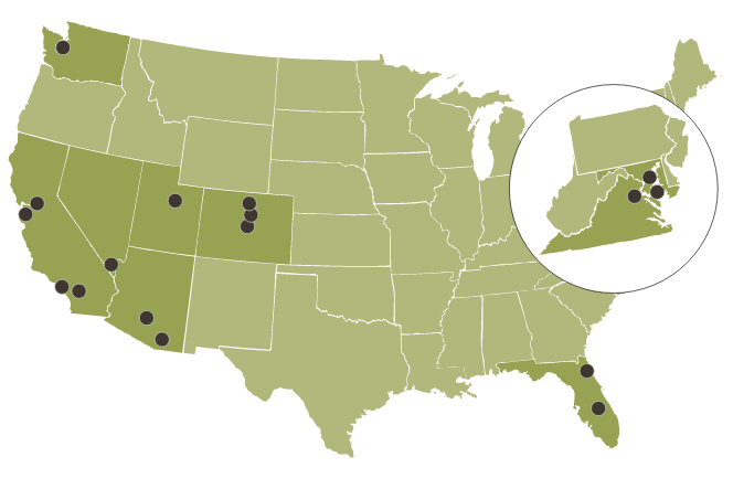 Map of United States with marked home markets