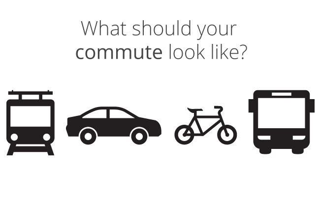Illustration of train, car, bike and bus and words "What should your commute look like?"
