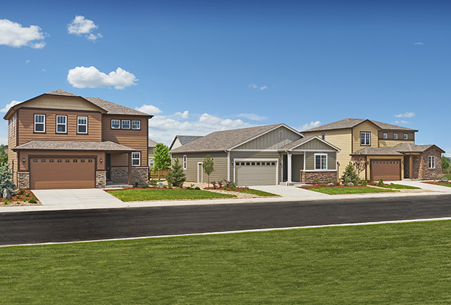 Streetscape of ranch and two-story homes