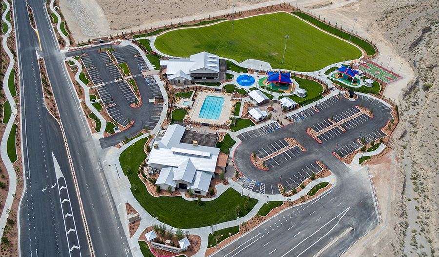 Aerial view of parks at Skye Canyon community
