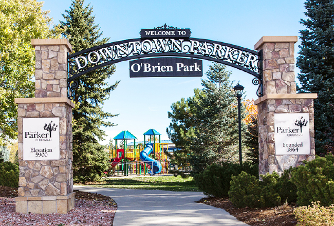 Entry arch of O'Brien Park in downtown Parker, Colorado