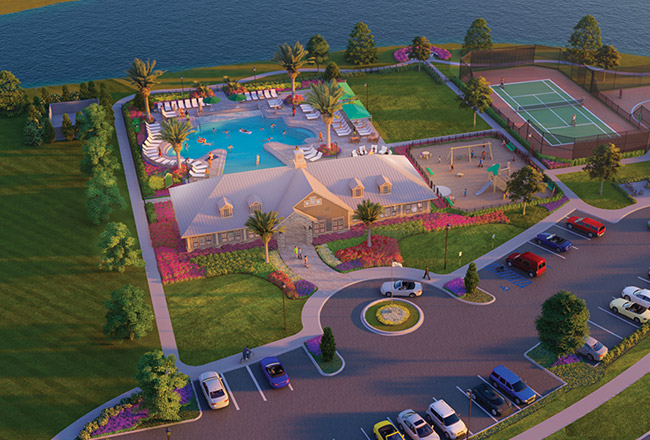 Aerial view of community clubhouse, pool, playground and tennis court