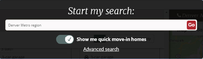 Screenshot of RichmondAmerican.com search bar with quick move-in homes option selected