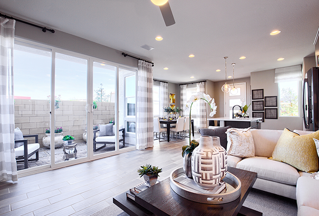 Living room and patio of the Chicago model home in Las Vegas