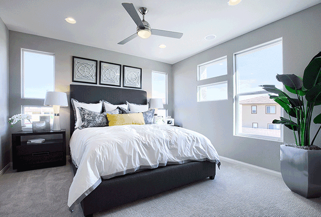 Primary bedroom and bath; Chicago model home in Las Vegas