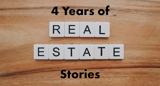 Words "4 Years of Real Estate Stories" with real estate spelled out in small square tiles