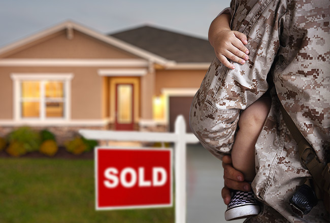 Home with sold sign and side of someone in military uniform giving child piggyback ride