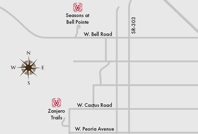 Map showing distance between Seasons at Bell Point and Zanjero Trails