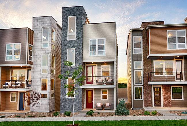 Streetscape of three-story Cityscape homes