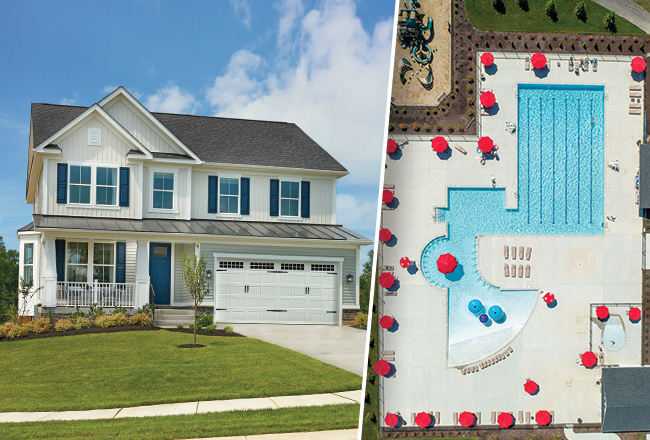 Side-by-side images of exterior of two-story home and community pool