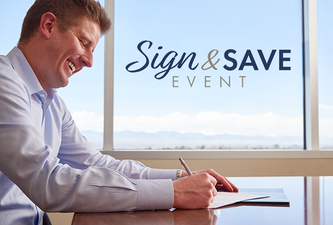 Sign & Save Event logo and man signing paperwork