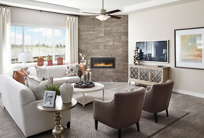 Great room with floor-to-ceiling fireplace