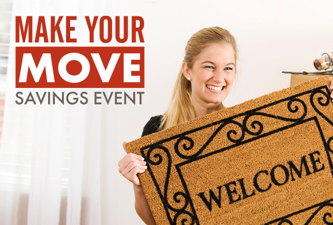 Make Your Move Savings Event logo and woman holding welcome mat