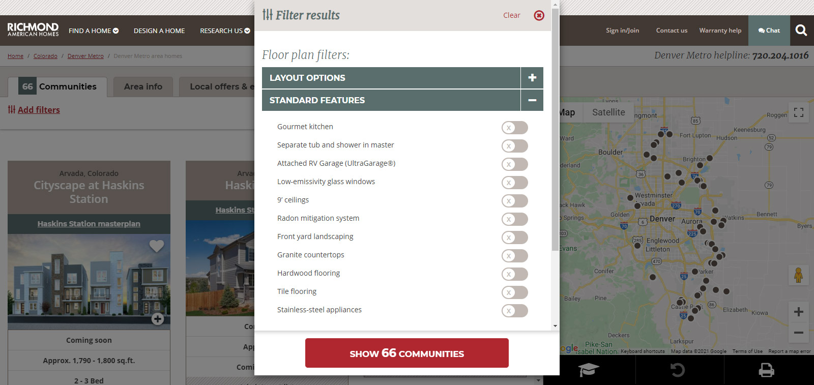 Screenshot of website floor plan search filters