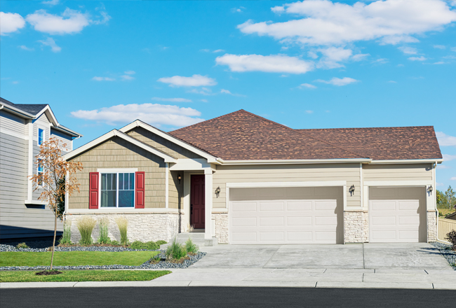 Exterior of ranch-style Arlington plan with 3-car garage