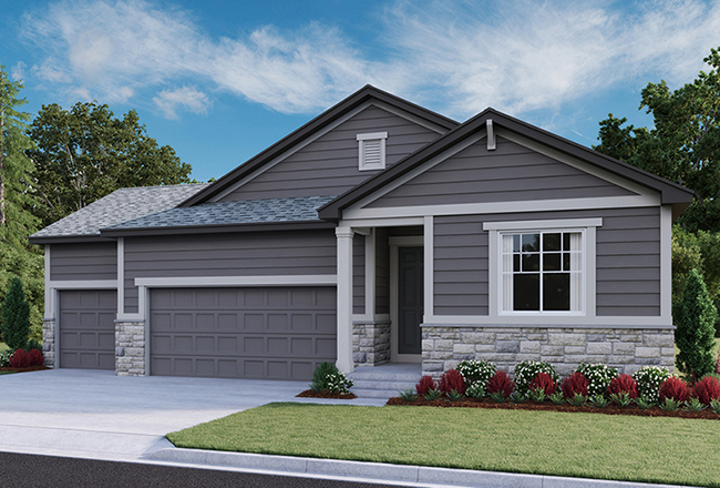 Exterior of ranch-style Arlington plan with 3-car garage