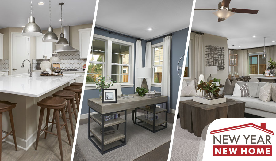 New home interior photos showing a kitchen, home office and great room