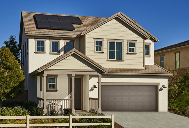 Exterior of two-story home with solar panels
