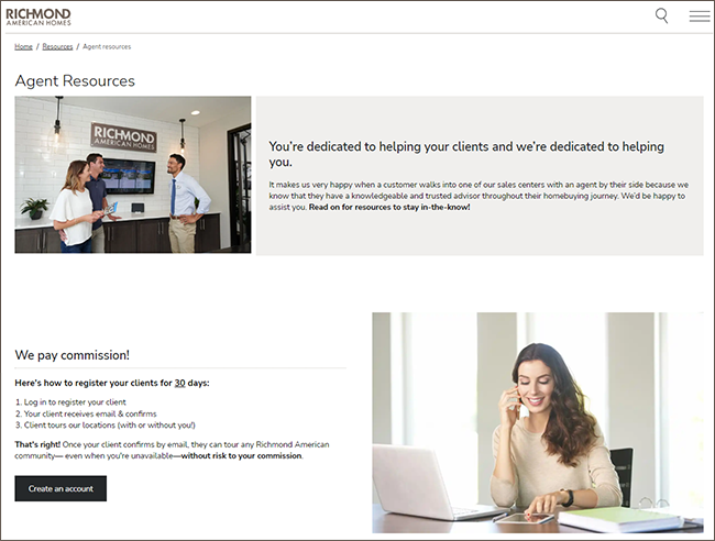 Agent resources and client registration information on RichmondAmerican.com