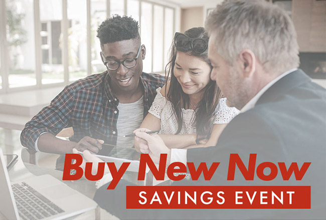 Homebuyers speaking with an agent and Buy New Now Savings Event logo