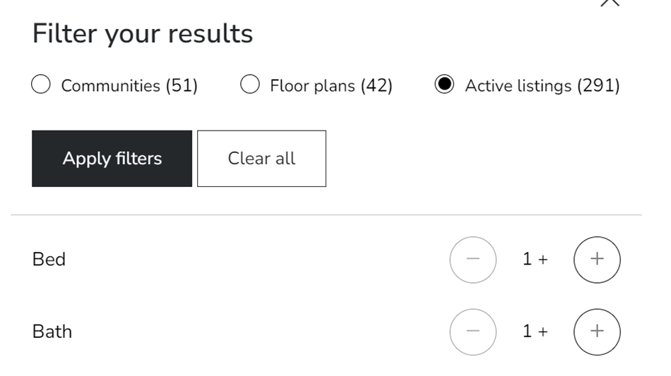 Dropdown menu for active listings on the Richmond American Homes website