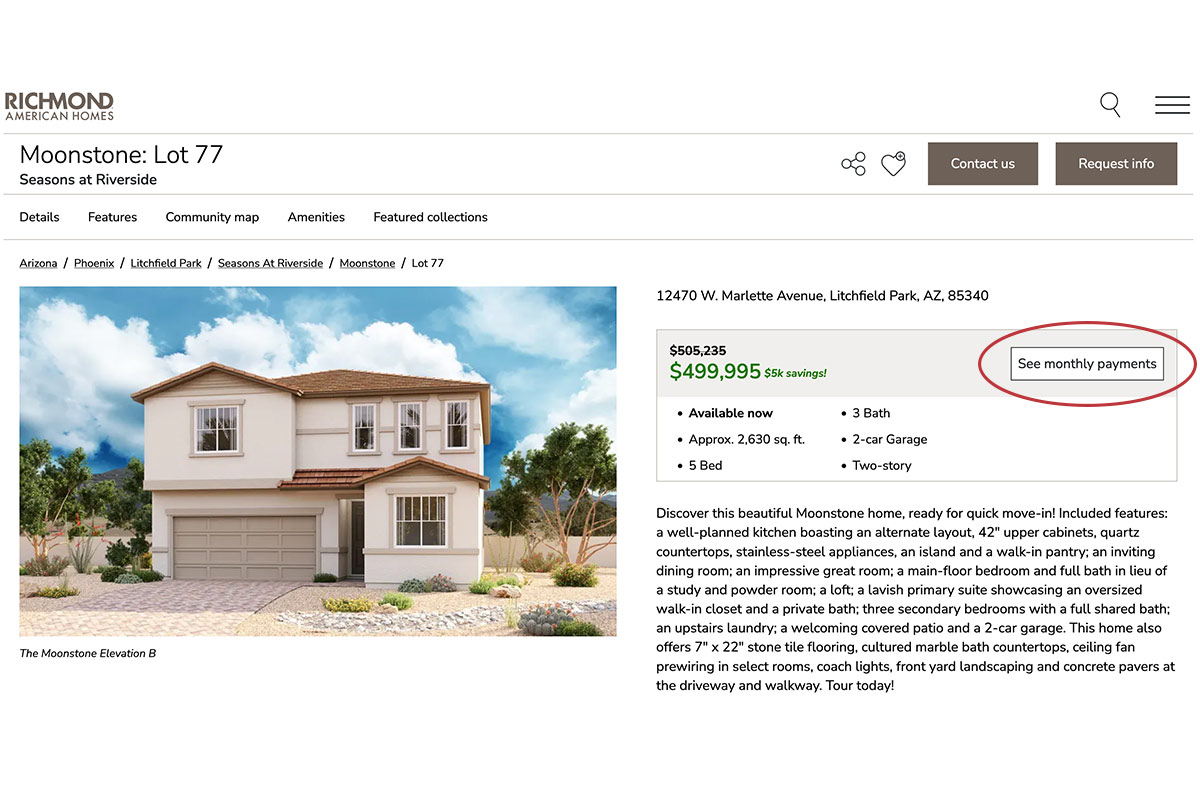 Spec listing example with the monthly payment calculator button