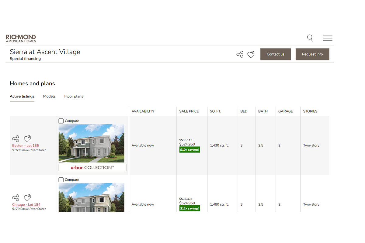 Screenshot of listings on a community page on RichmondAmerican.com that shows sweet deals through price change callouts
