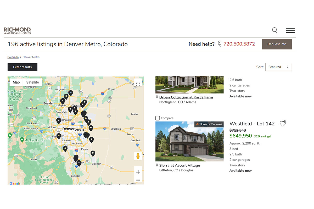 Screenshot from listing search results on RichmondAmerican.com that shows sweet deals through price change callouts 