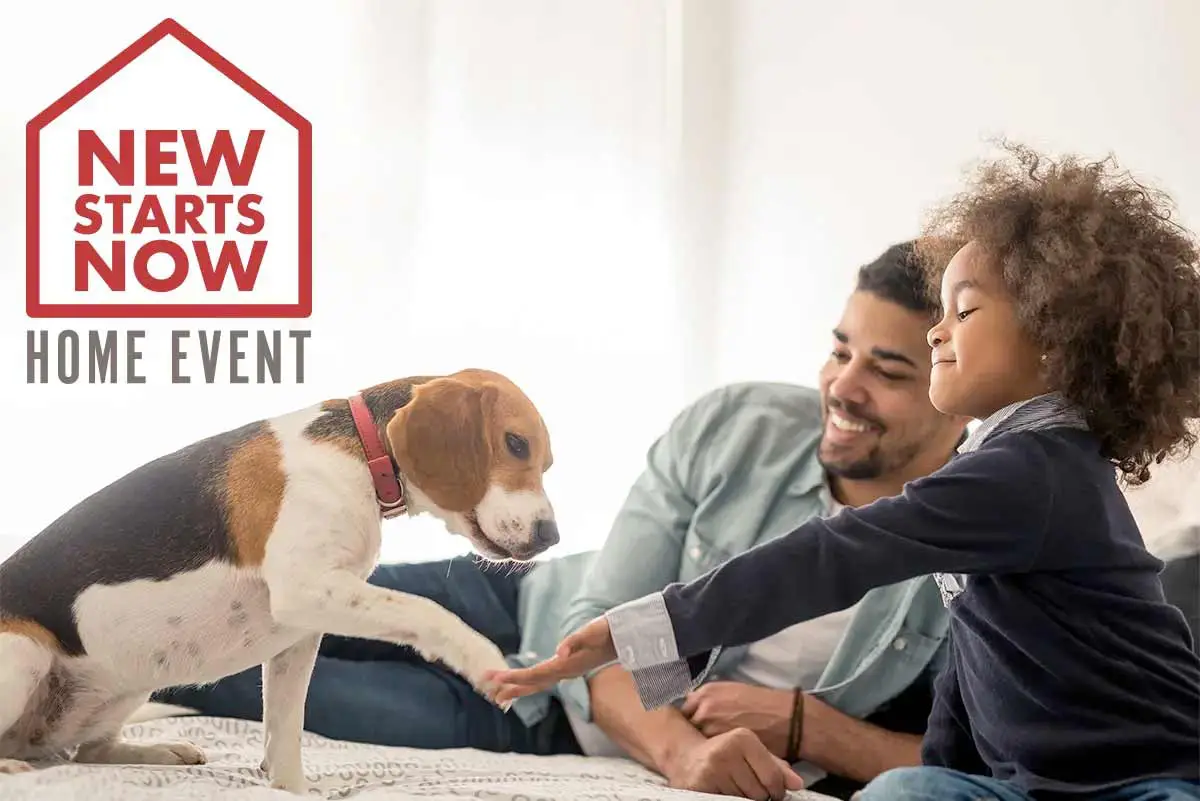 New Starts Now Home Event logo over image of father and daughter with dog