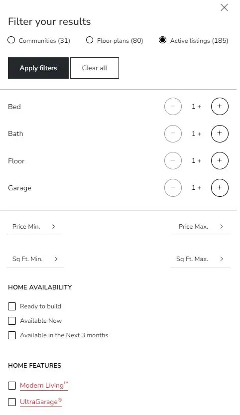 Screenshot of active listings search filters