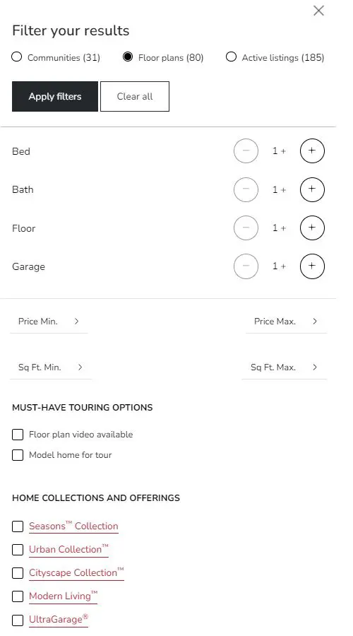 Screenshot of floor plan search filters