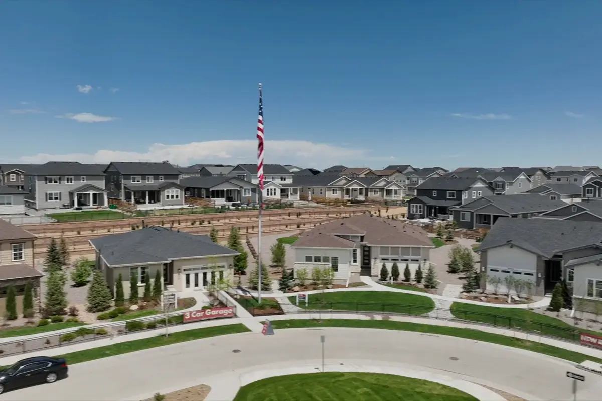 Aerial view of a street with new homes