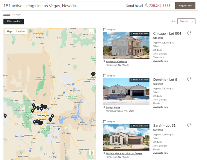 Screenshot of listing search results on RichmondAmerican.com that shows the Home of the Week flag on several homes