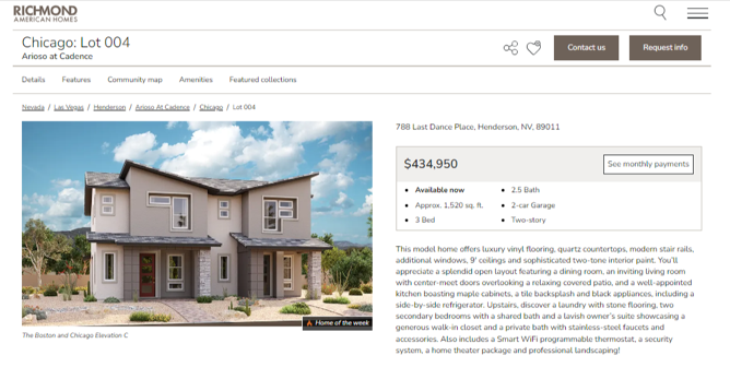 Screenshot of a Home of the Week listing on RichmondAmerican.com