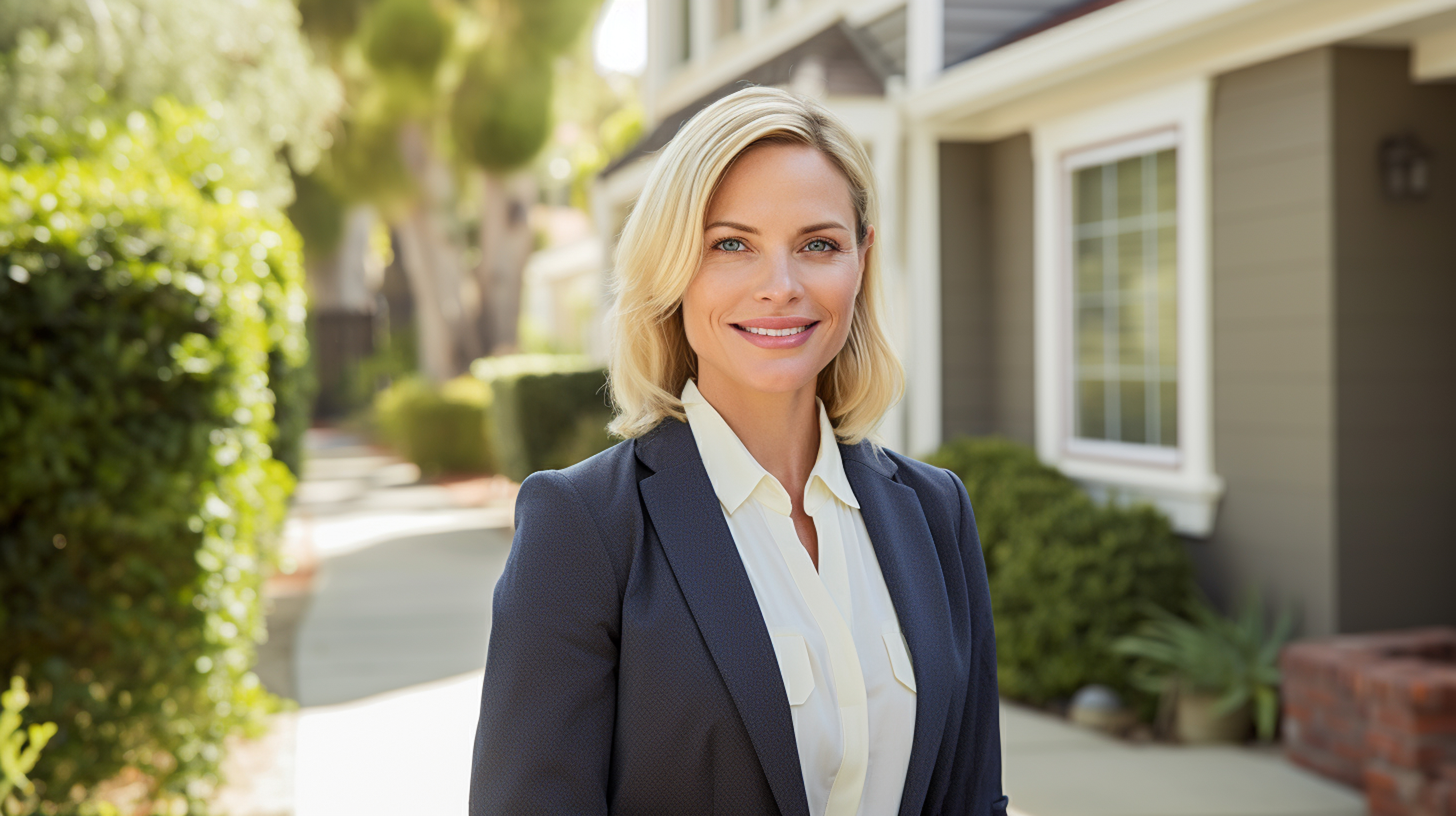 A smiling real estate agent standing in front of a house