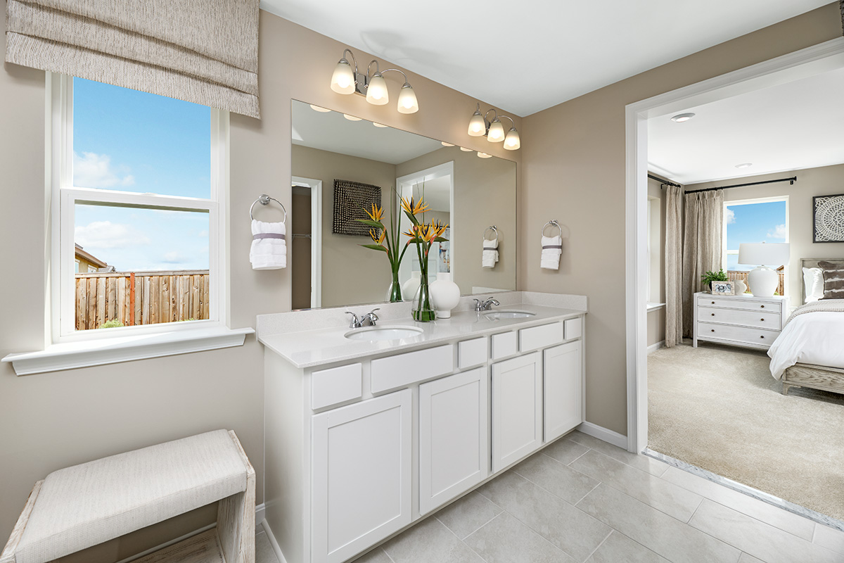 Double sinks in a serene primary bath