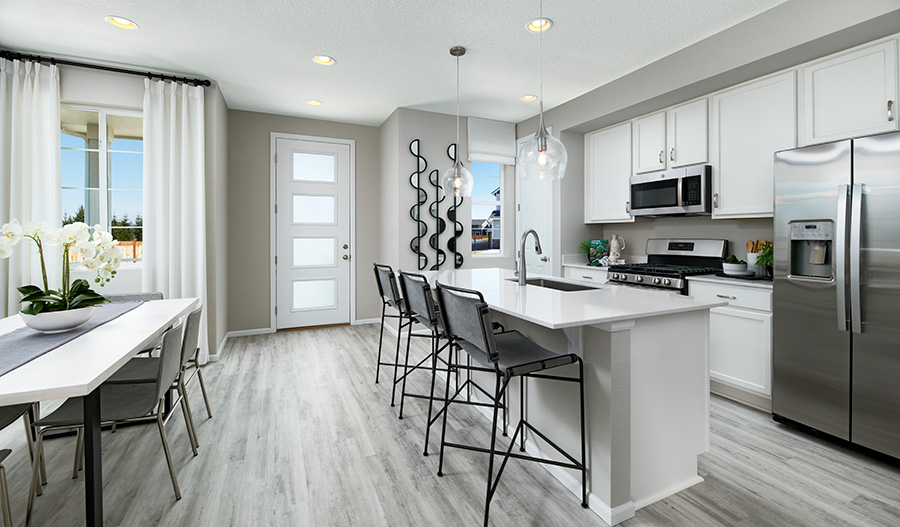 Boston kitchen with an island and an adjacent dining area