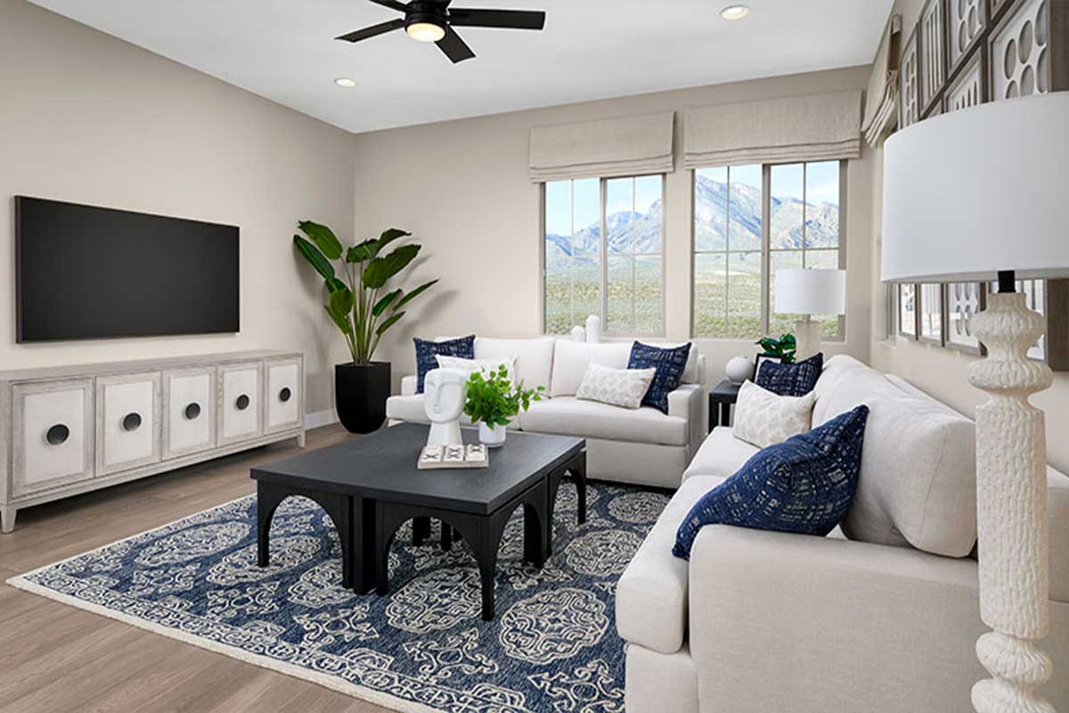 Great room in a two-story floor plan