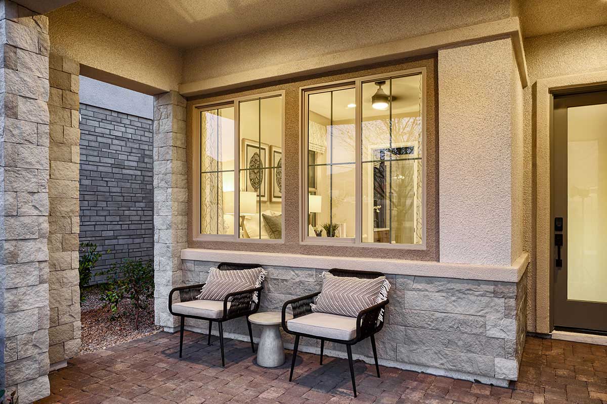 Covered patio in a two-story floor plan