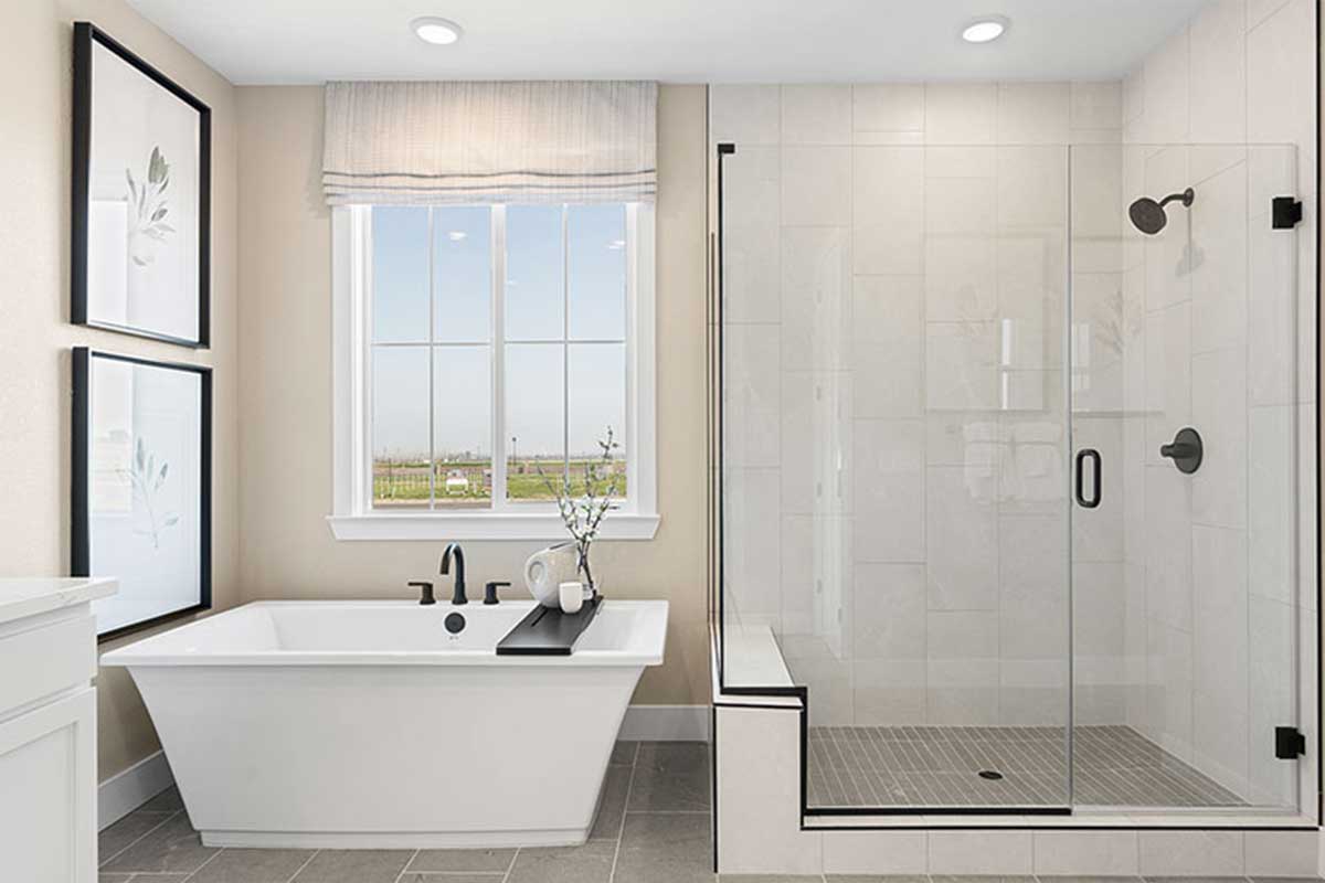 A soaking tub and a walk-in shower in a primary bathroom