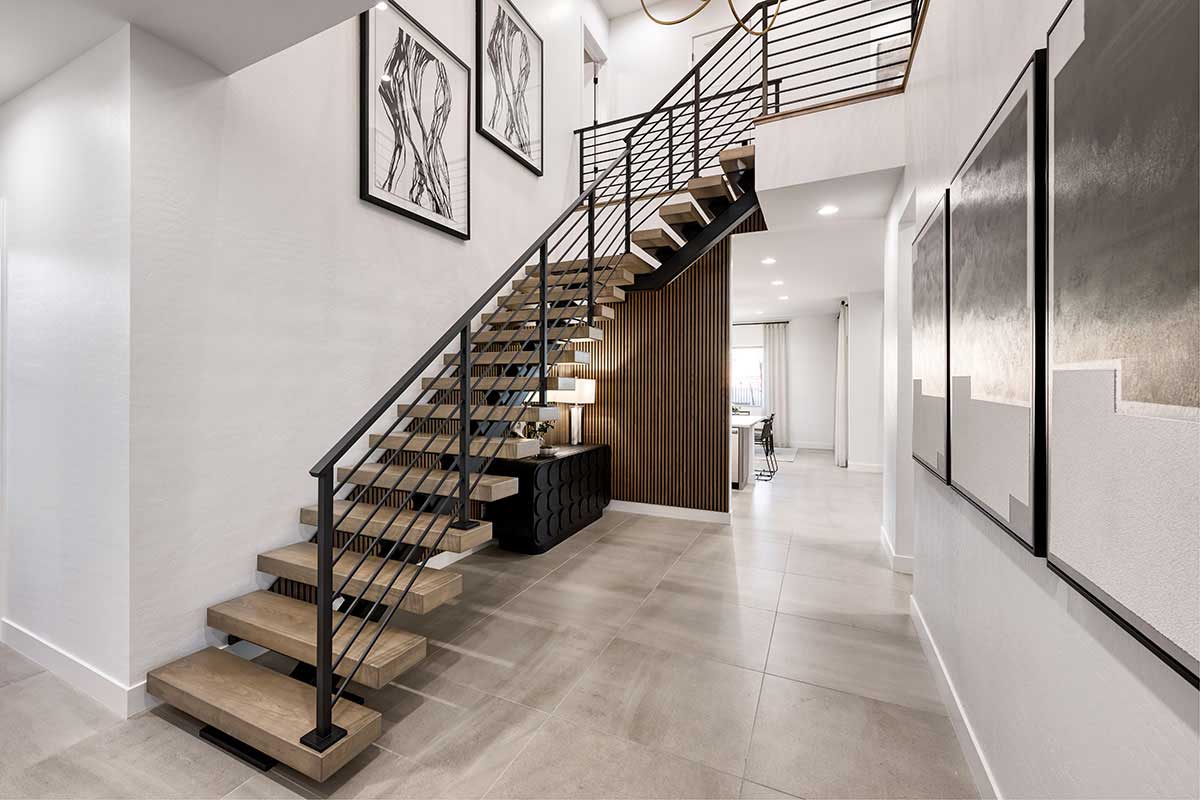 Staircase in a grand entryway at a new home