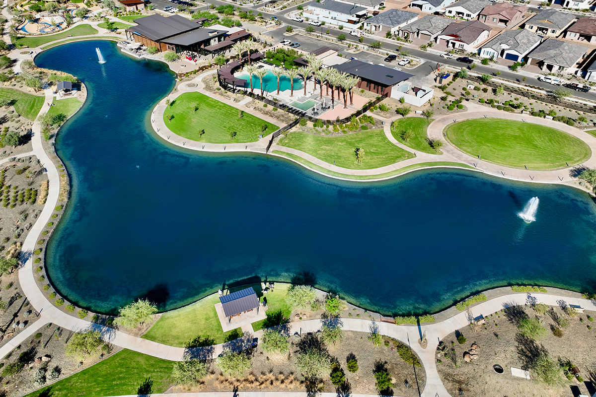 Community lake view from drone overhead