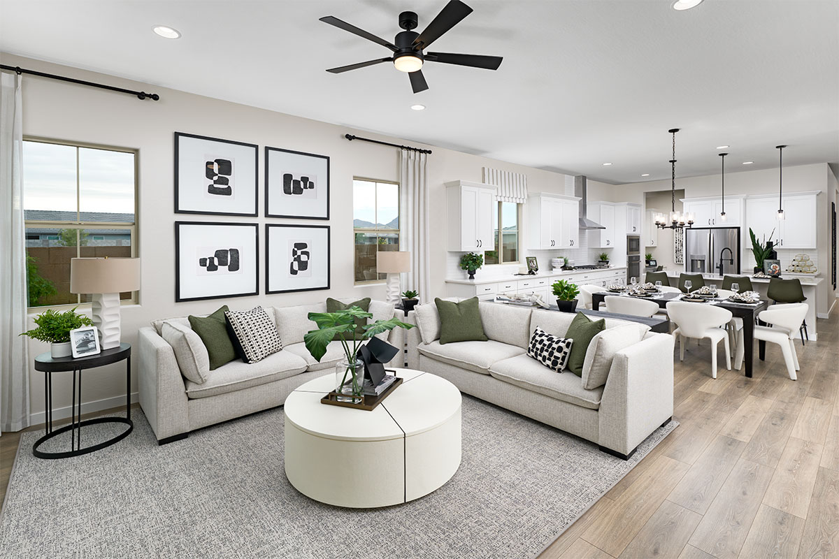 Raleigh floor plan great room, dining area, and kitchen